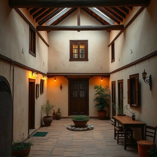 Ancienne ferme rénovée avec une cour intérieure.