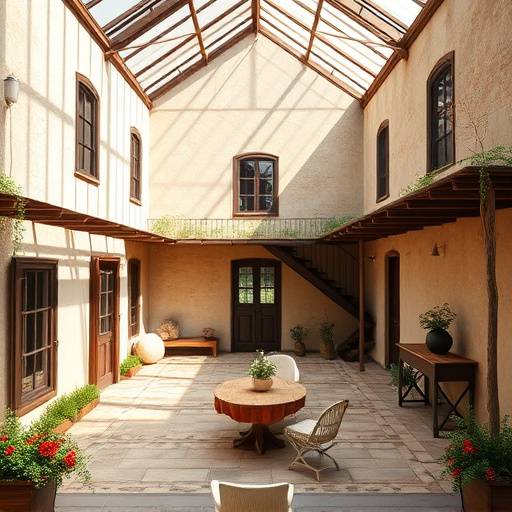 Ancienne ferme rénovée avec une cour intérieure.