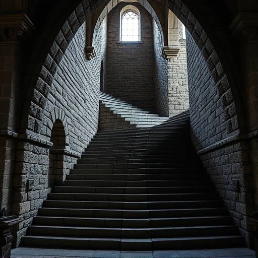 Intérieur d'un château avec un grand escalier en pierre.