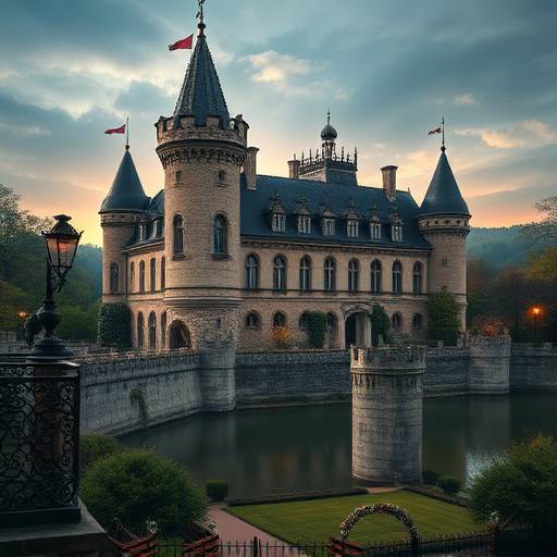 Location: Château médiéval avec tours imposantes, douves et jardins à la franäaise.