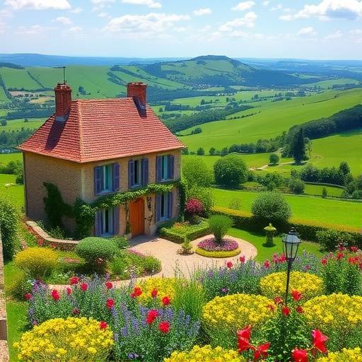 Location: Maison de campagne avec jardin fleuri et vue panoramique sur les collines verdoyantes.