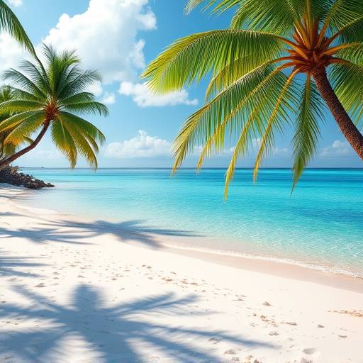 Location: Plage exotique avec sable blanc, eaux turquoise et palmiers luxuriants.