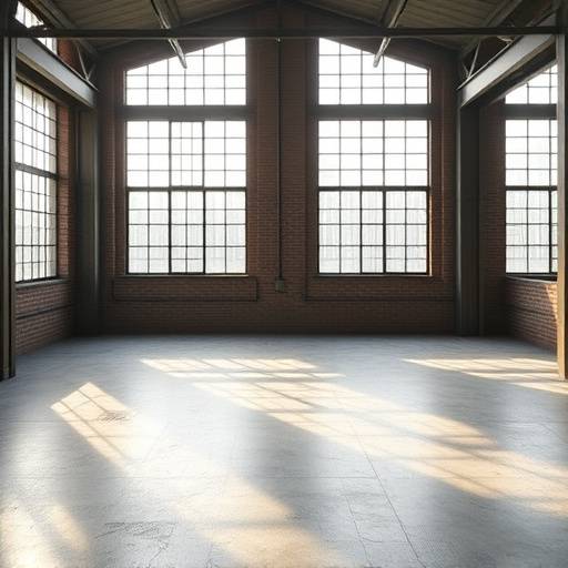 Loft industriel avec de grandes fenêtres et une lumière naturelle.