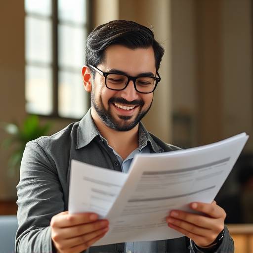 Service: Gestion des autorisations. Une personne examine des documents officiels avec un sourire.