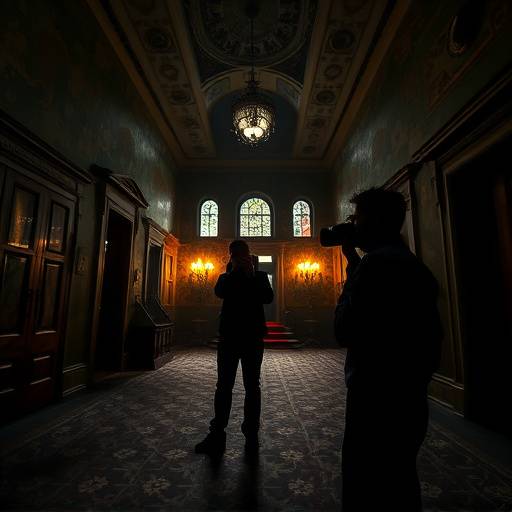 Service: Repérage de lieux. Un professionnel explore un manoir ancien avec une caméra.
