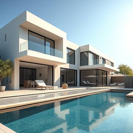 Vue extérieure d'une villa moderne avec piscine.